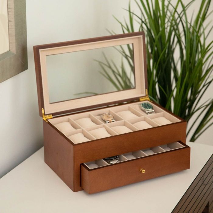 Bey-Berk 20-Watch Box | Glass Top & Drawer | Cherry Wood | BB640BRW