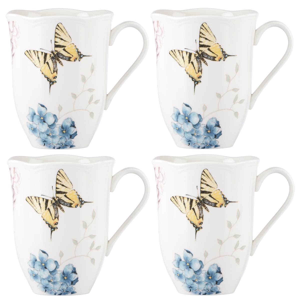Butterfly Meadow Hydrangea 4-Piece Mug Set