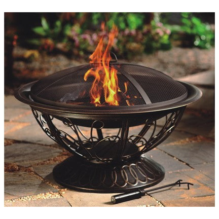 AZ Patio Heaters 30" Round Wood Burning Firepit with Scroll Design-Poker/Cover Included
