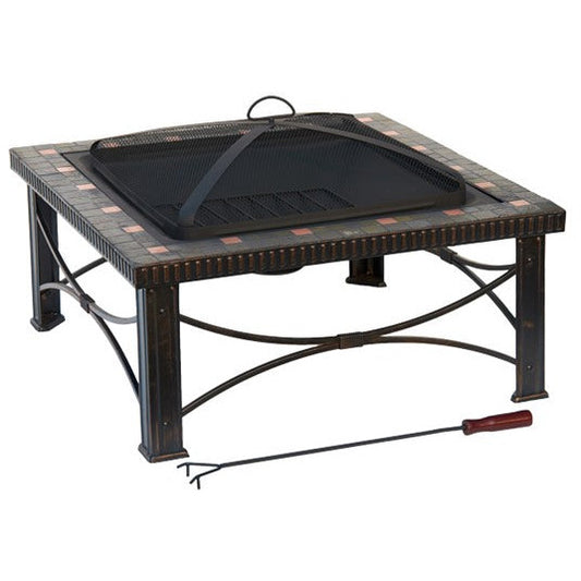 AZ Patio Heaters 30" Square Slate Tile Square Wood Burning Fire Pit-Poker/Cover Included