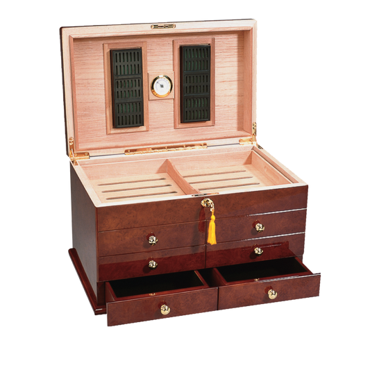 Ravello Desktop Cigar Humidor w/ Glossy Burl Finish | Holds 300 Cigars