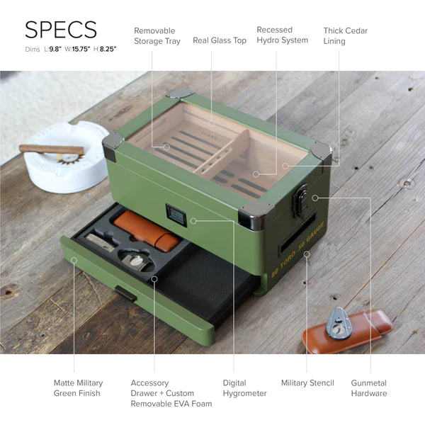 Military Glass Top Humidor | Holds 100 Cigars