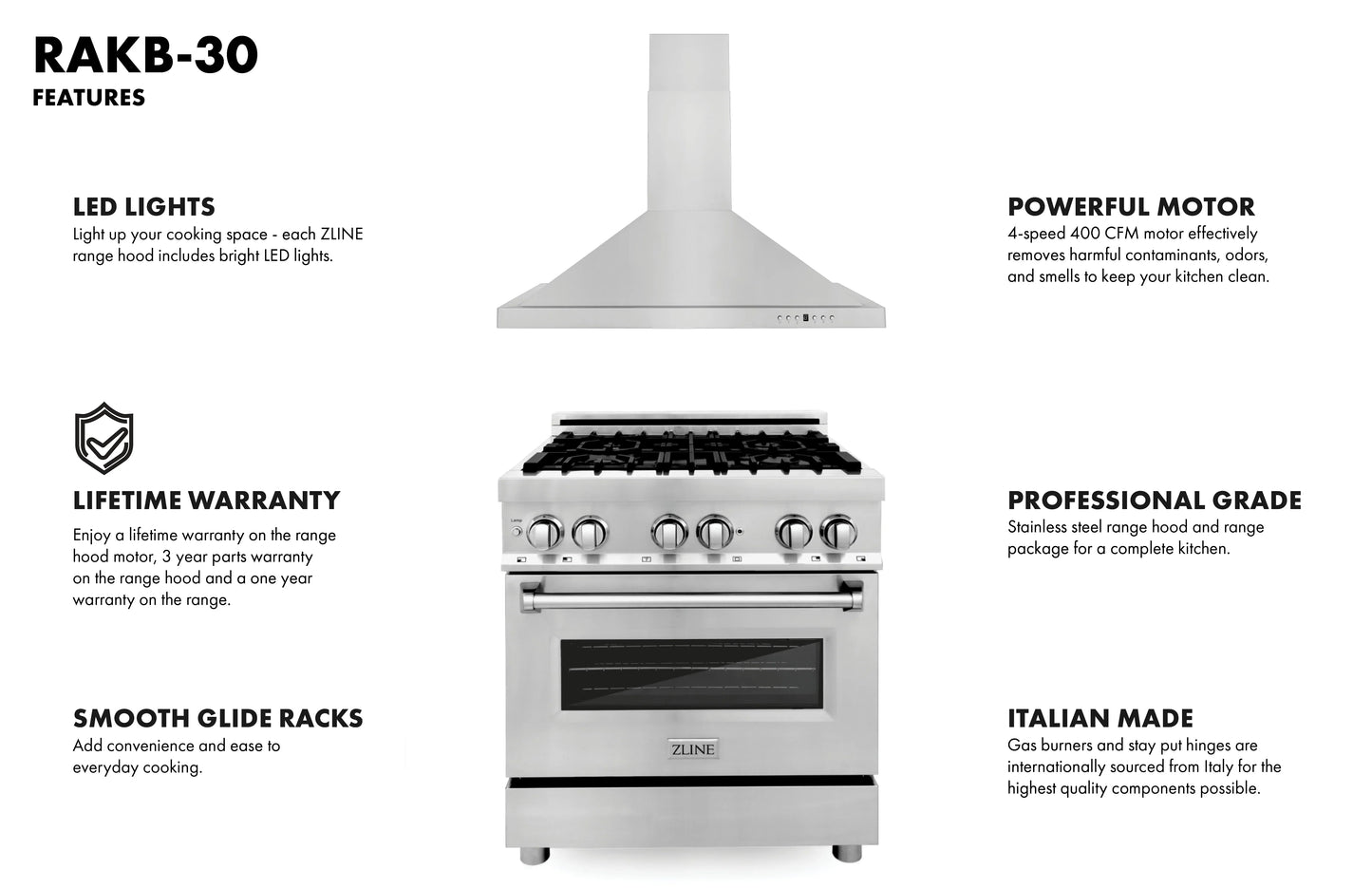 ZLINE 2 Piece Kitchen Package | Dual Fuel Range and Convertible Vent Range Hood