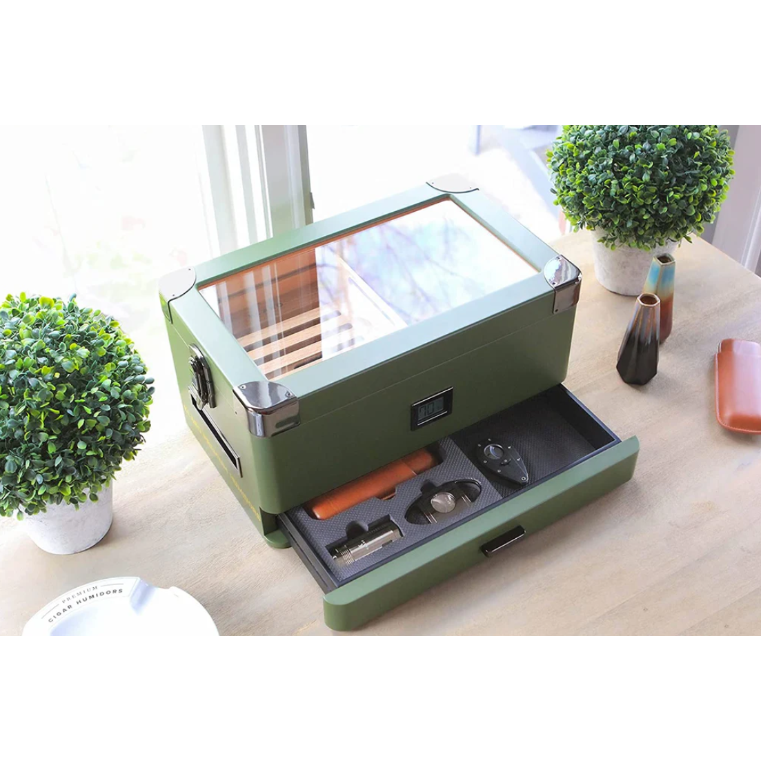 Military Glass Top Humidor | Holds 100 Cigars