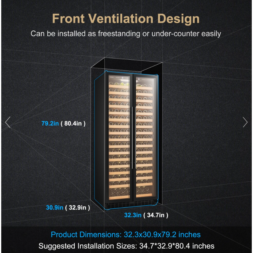 LanboPro 32" Wide, 289 Bottle Single Zone Wine Cooler | Glass French Doors | Black Exterior Finish