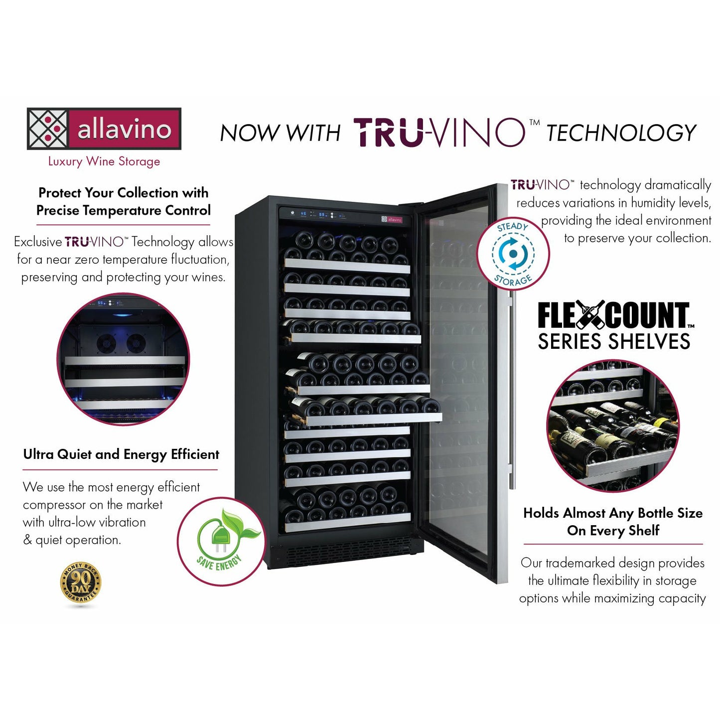 Allavino 47” Wide | 256 Bottle Dual Zone Side-by-Side Wine Cooler | Tru-Vino Technology and FlexCount II Shelving