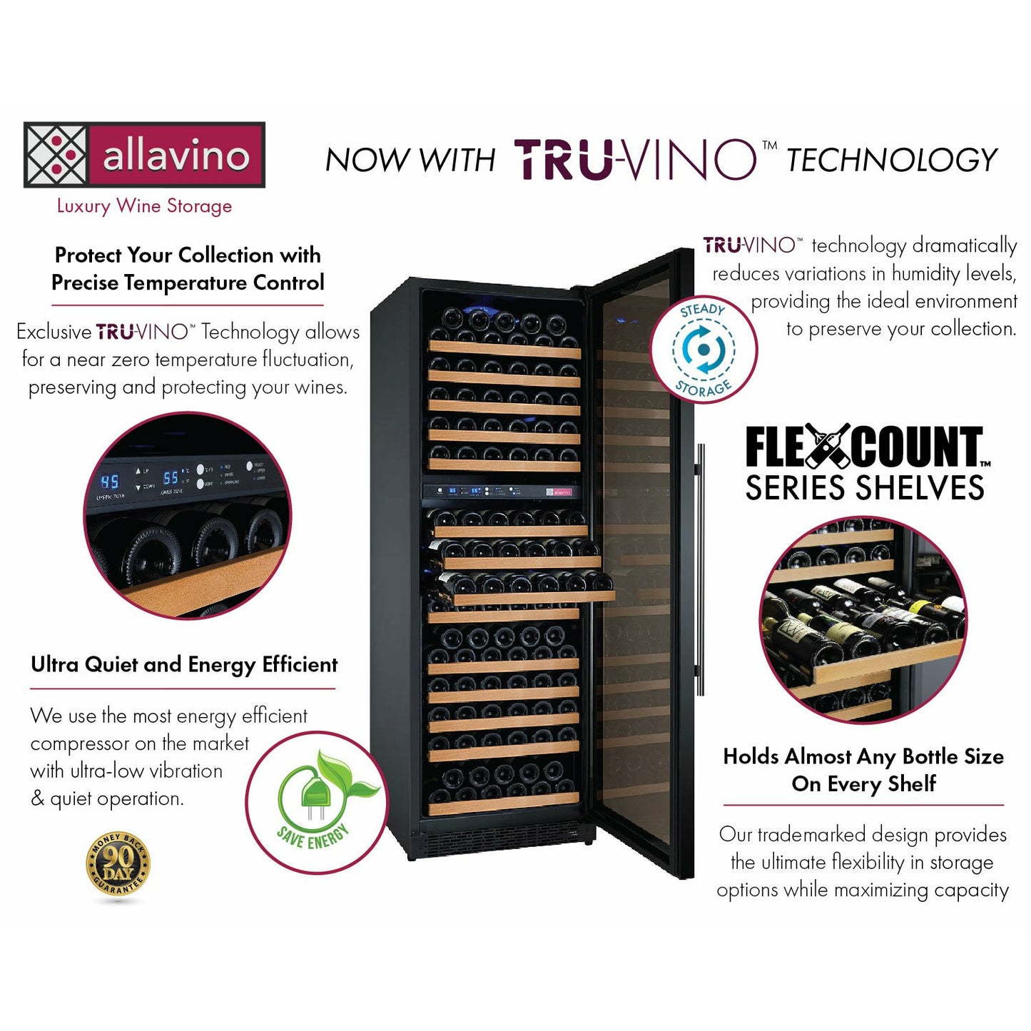 Allavino 47” Wide | 344 Bottle Four Zone Side-by-Side Wine Cooler | Tru-Vino Technology and FlexCount II Shelving