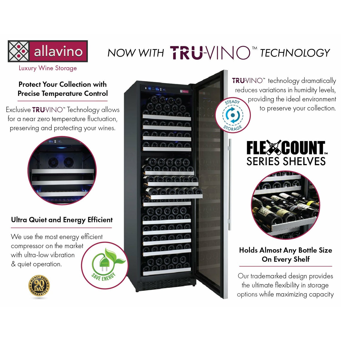 Allavino 47” Wide | 354 Bottle Dual Zone Side-by-Side Wine Cooler | Tru-Vino Technology and FlexCount II Shelving