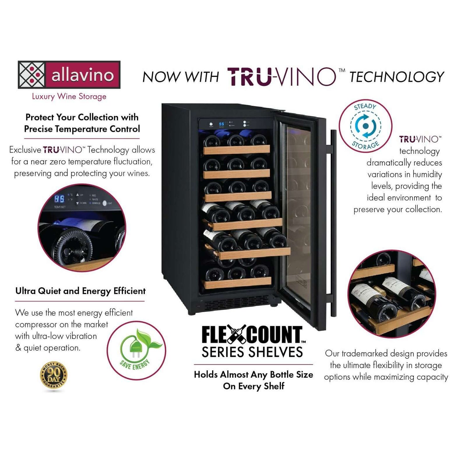 Allavino 15” 30 Bottle Single Zone Wine Cooler | Tru-Vino Technology and FlexCount II Shelving