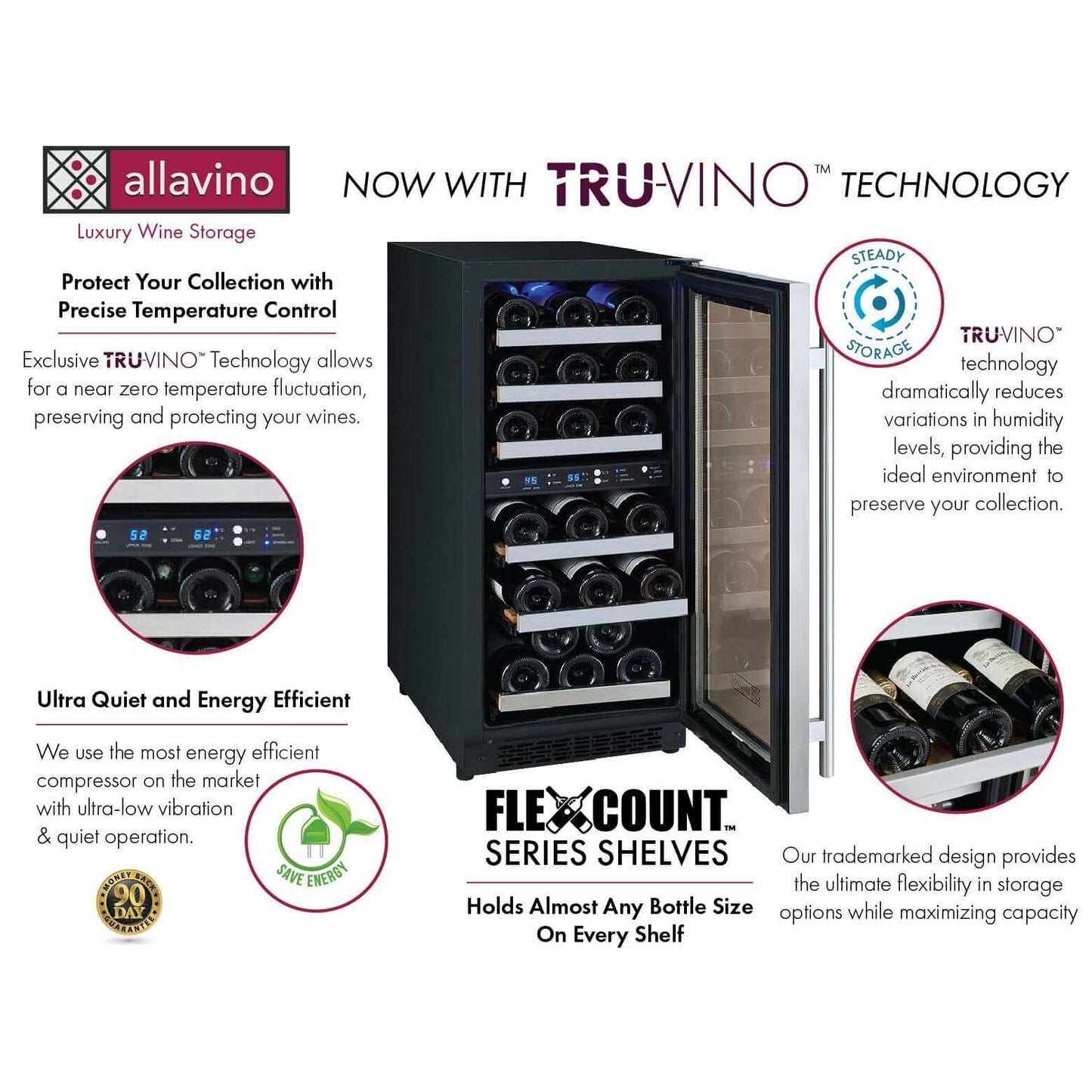 Allavino 15” 30 Bottle Dual Zone Wine Cooler | Tru-Vino Technology and FlexCount II Shelving