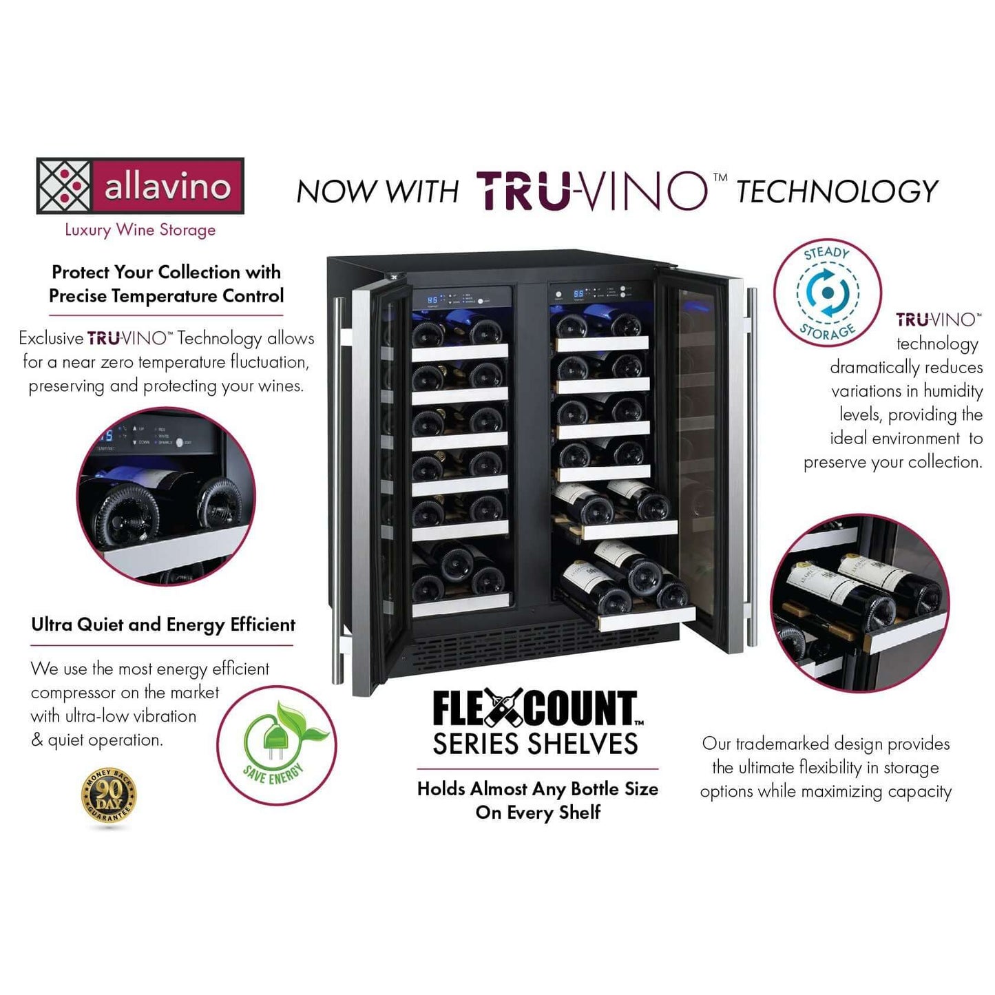 Allavino 24” 36 Bottle Dual Zone Wine Cooler | French Doors | Tru-Vino Technology and FlexCount II Shelving