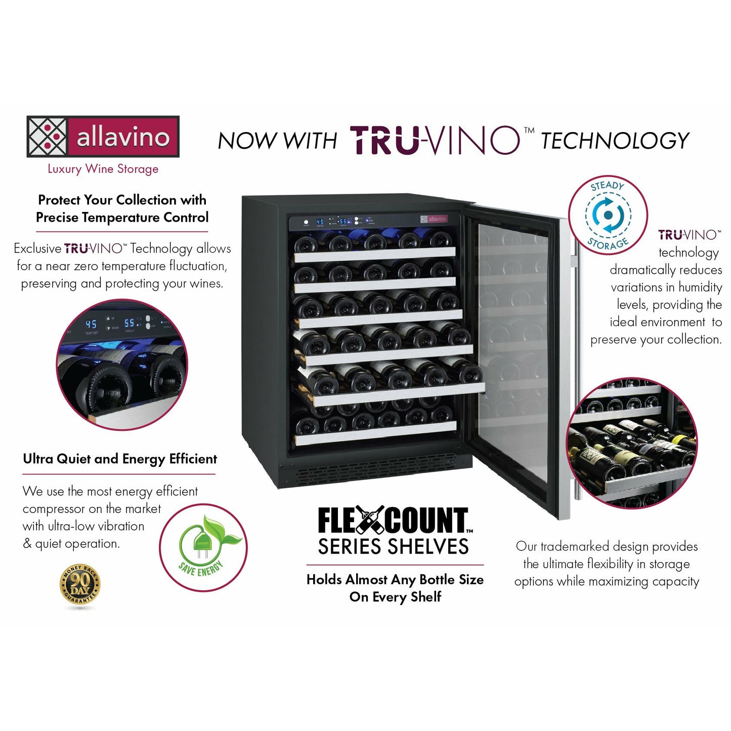 Allavino 47” Wide | 112 Bottle Triple Zone Side-by-Side Wine Cooler | Tru-Vino Technology and FlexCount II Shelving