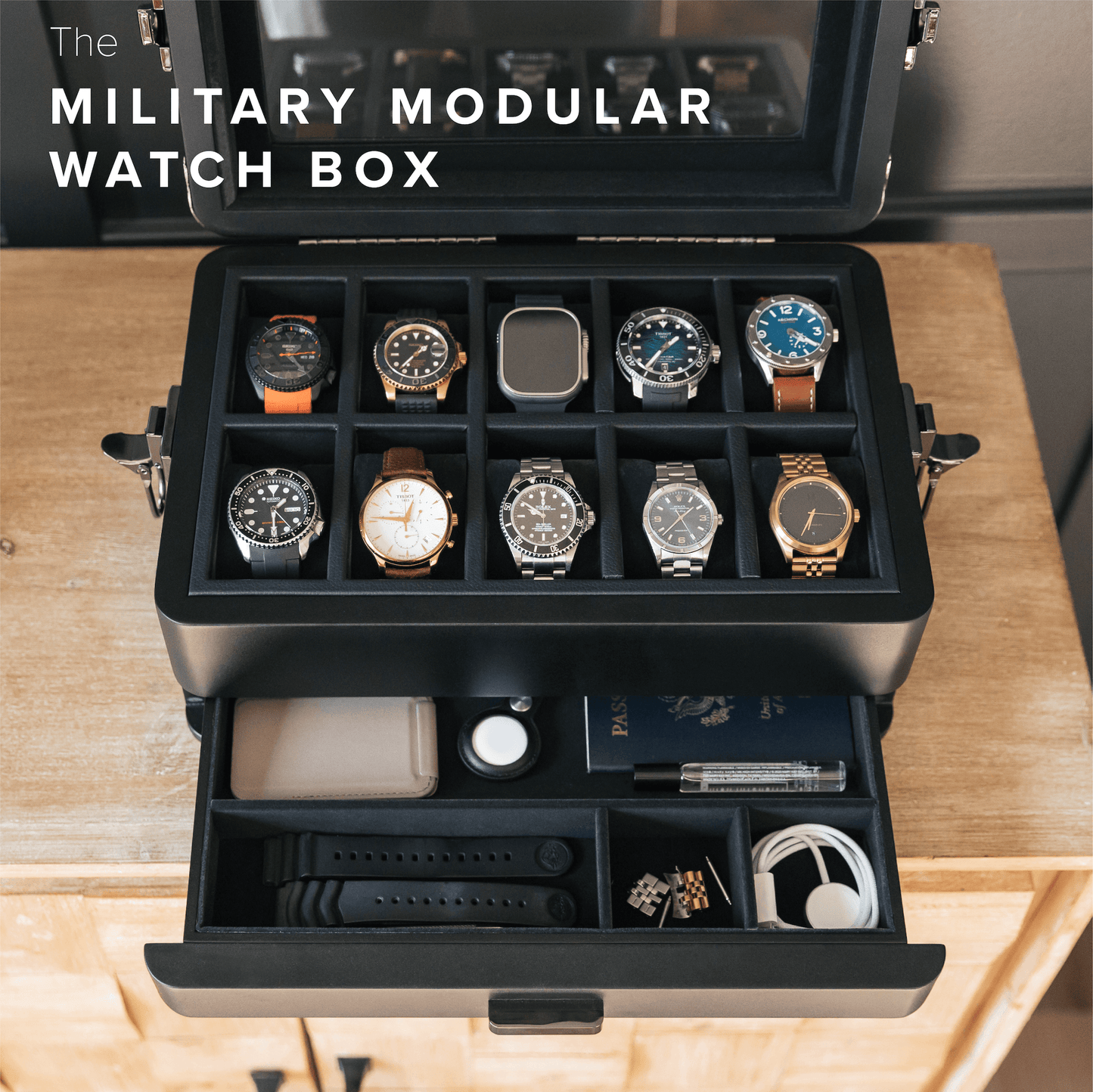 10 Slot Military Watch Box - Black Edition