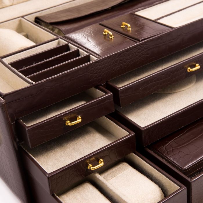 Bey-Berk Multi Storage Jewelry Box Chest | Mirror | Brown Croco Leather | BB581BRW