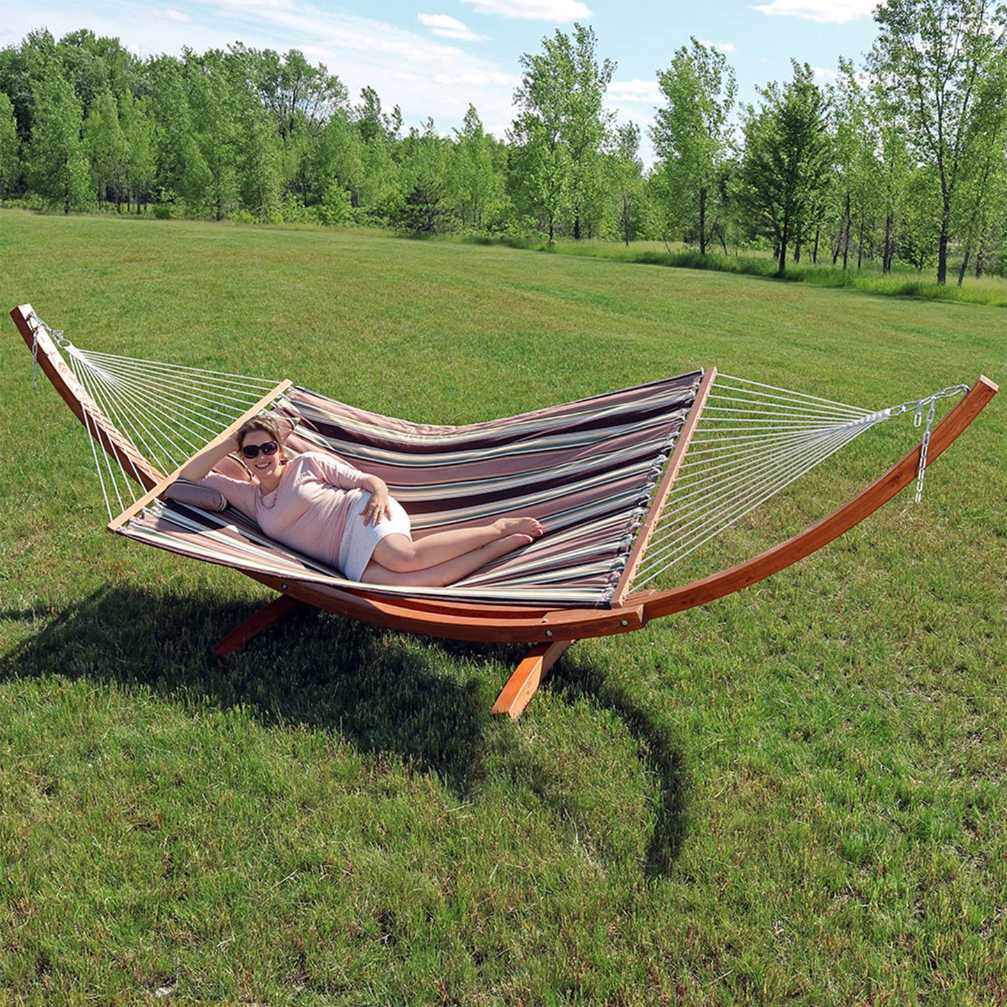 Quilted Fabric 2-Person Hammock | Curved Arc Wood Stand | 400 Pound Capacity