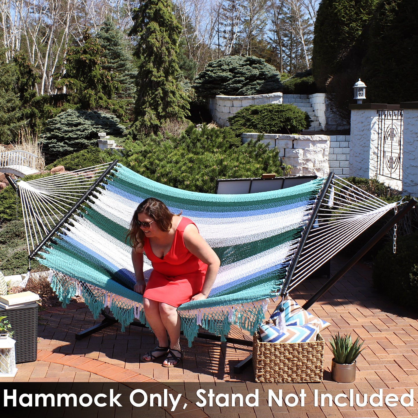Woven Double Hammock with Spreader Bars | Crocheted Fringe Edges