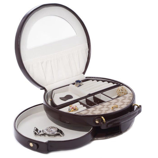 Bey-Berk Round Jewelry Box Case | Two-Tone Brown Leathe | BB568BRW