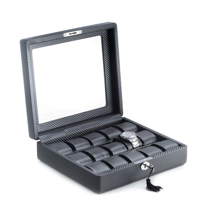 Bey-Berk 15-Watch Case | Glass Top | Black Leatherette Woven | BB595BLK