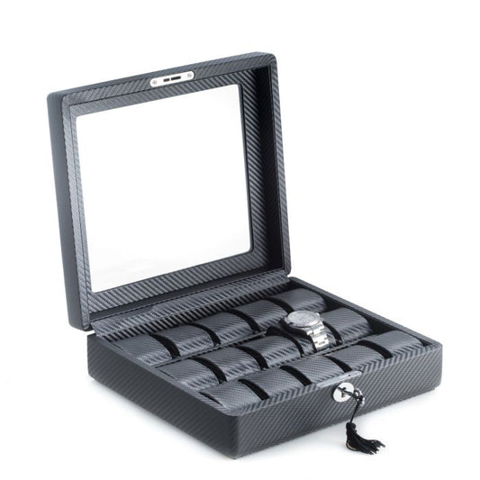 Bey-Berk 15-Watch Case | Glass Top | Black Leatherette Woven | BB595BLK