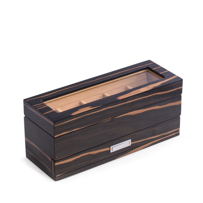 Bey-Berk 5-Watch Box | Glass Top | Compartment Accessory Drawers | Ebony Wood | BB647EBN