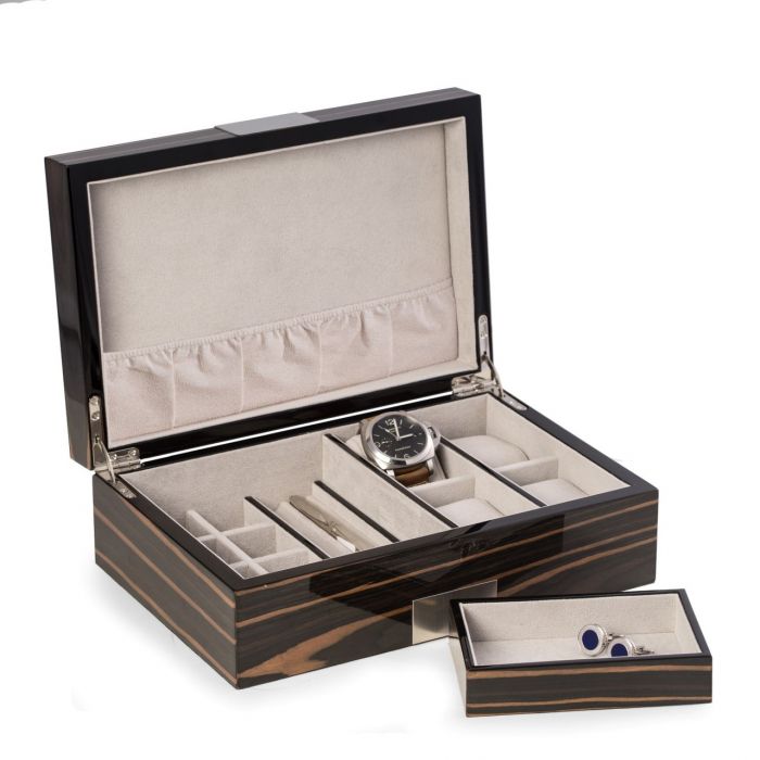 Bey-Berk Ebony Wood Valet Box | Multi Compartments | BB677EBN