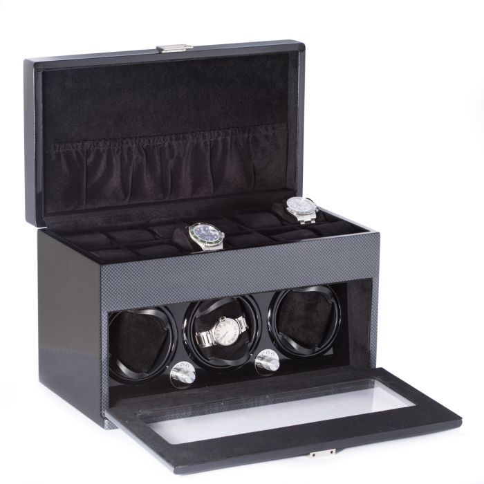 Bey-Berk 3-Watch Winder & 12-Watch Storage | Carbon Fiber Steel Gray | BB681STL