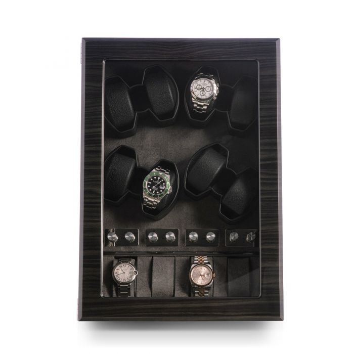 Bey-Berk 8-Watch Winder and 4-Watch Storage Case | Glass top | Louis Ash Wood | BB742GRY