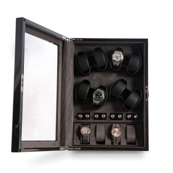 Bey-Berk 8-Watch Winder and 4-Watch Storage Case | Glass top | Louis Ash Wood | BB742GRY
