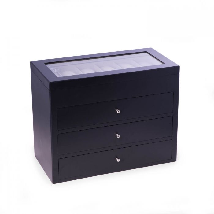 Bey-Berk “Stanley” 48 Slot Watch Box | Glass Top & Drawer | Matte Black