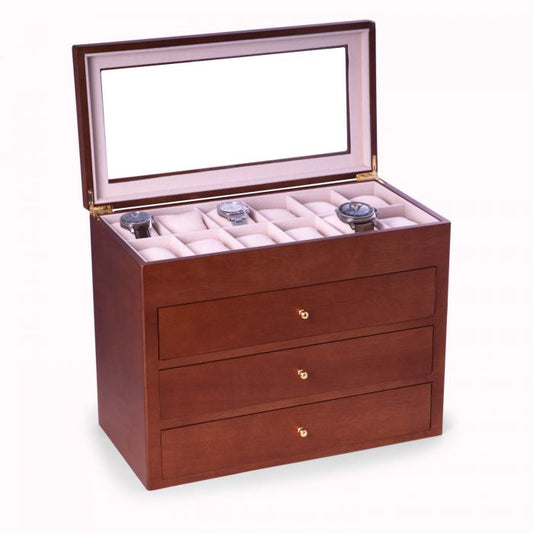 Bey-Berk “Stanley” 48 Slot Watch Box | Glass Top & Drawer | Cherry Wood