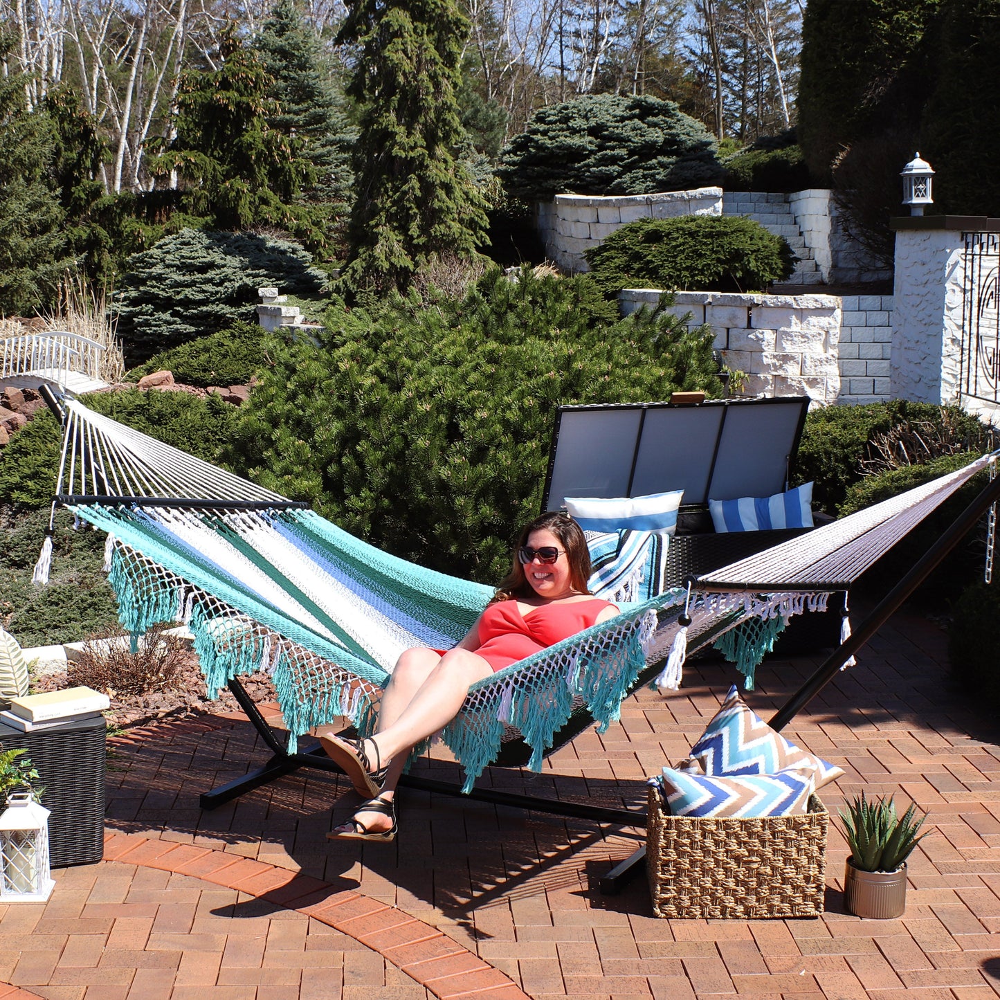 Woven Double Hammock with Spreader Bars | Crocheted Fringe Edges