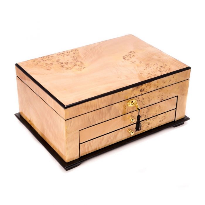 Bey-Berk 3-Level Jewelry Box Storage | Drawers and Glass Top | Birdseye Maple | BB670BRL