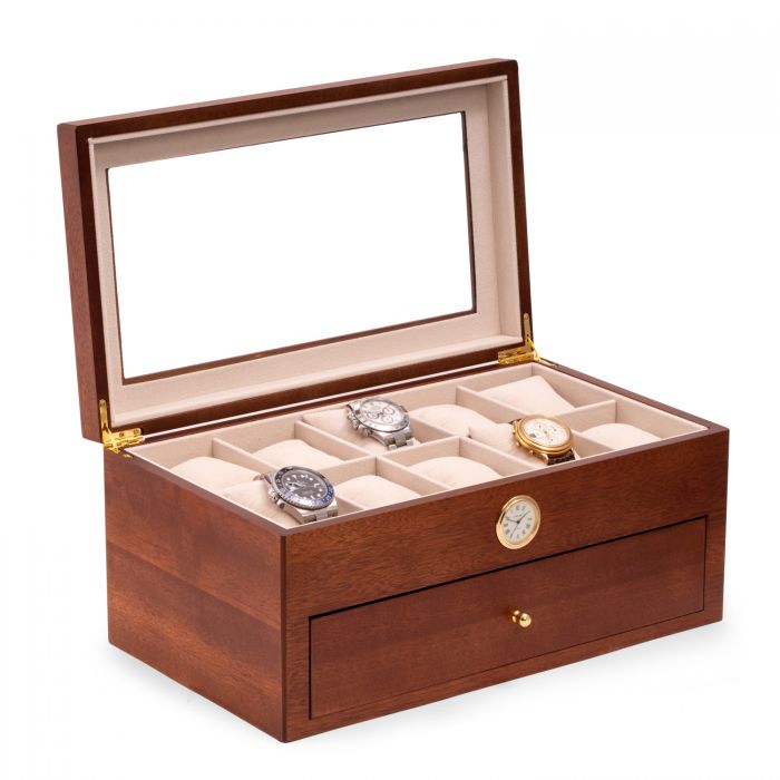Bey-Berk 20-Watch Box w/ Quartz Movement Clock | Cherry Wood | CM640BRW
