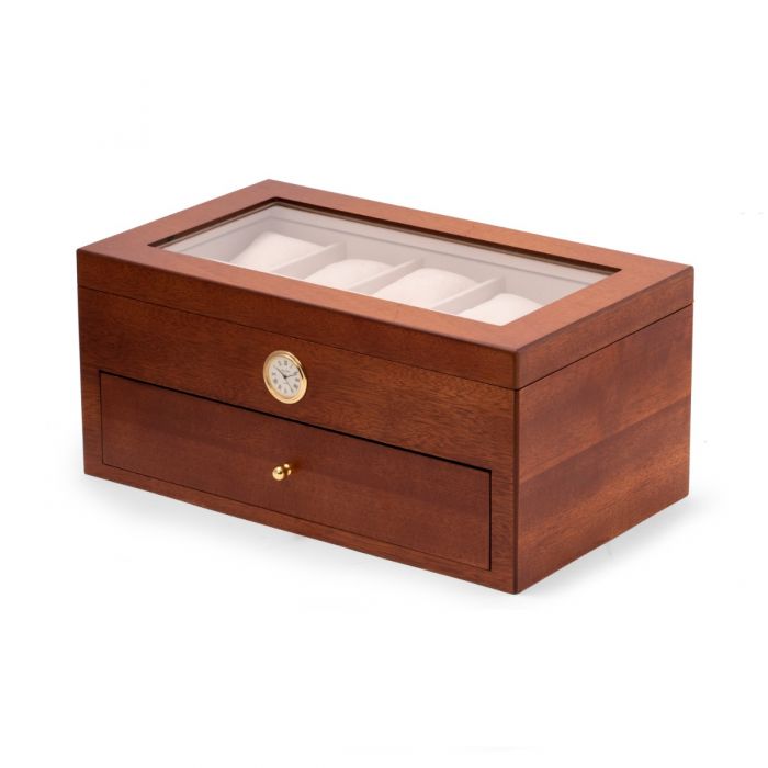 Bey-Berk 20-Watch Box w/ Quartz Movement Clock | Cherry Wood | CM640BRW