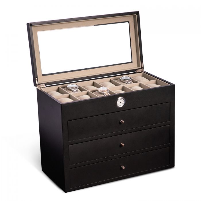Bey-Berk “All in Time” 48 Slot Watch Box | Black Wood | Glass Top and Drawers | CM786BLK