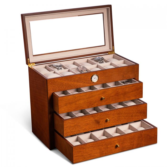 Bey-Berk “All in Time” 48 Slot Watch Box | Cherry Wood | Glass Top and Drawers | CM786BRW