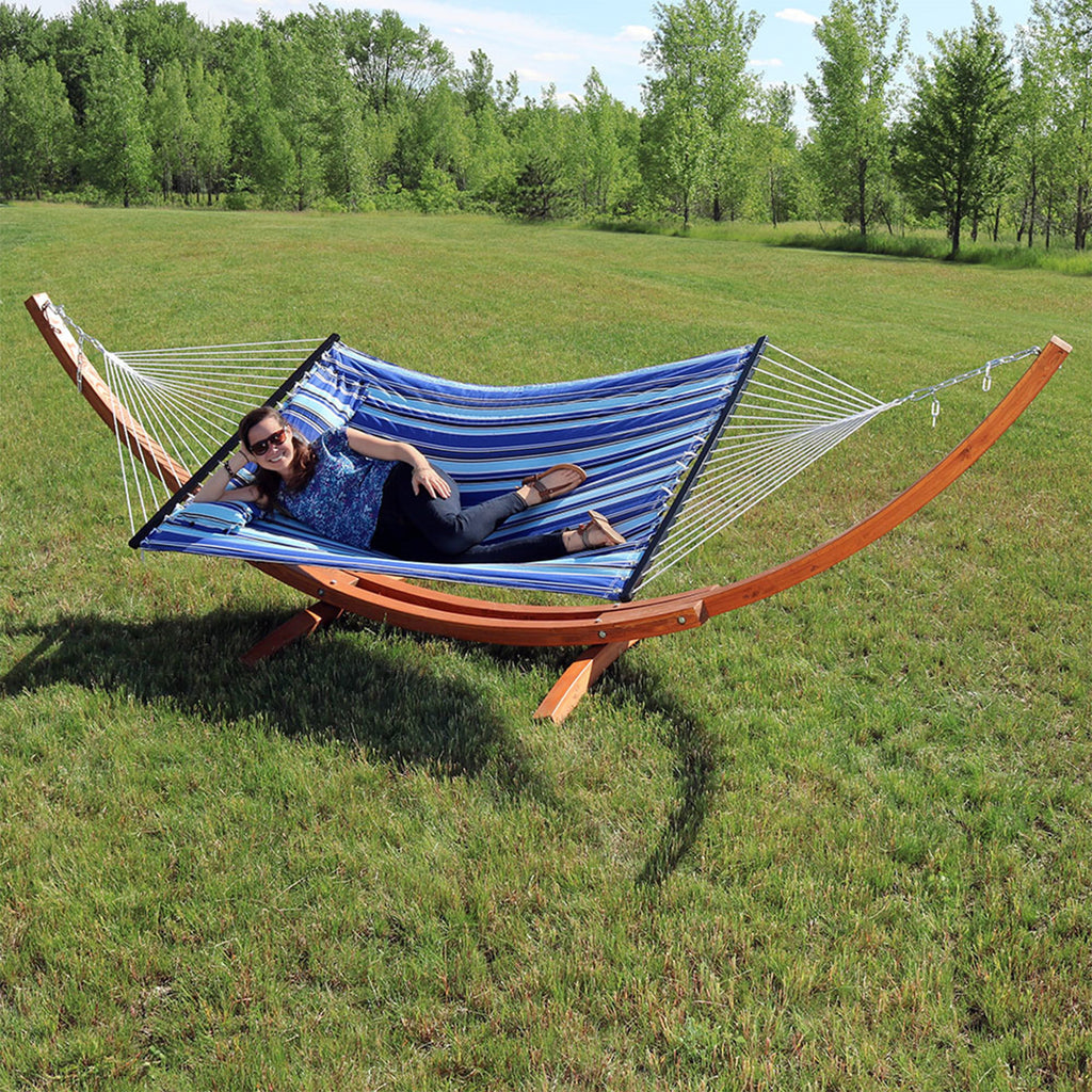 Quilted Fabric 2-Person Hammock | Curved Arc Wood Stand | 400 Pound Capacity