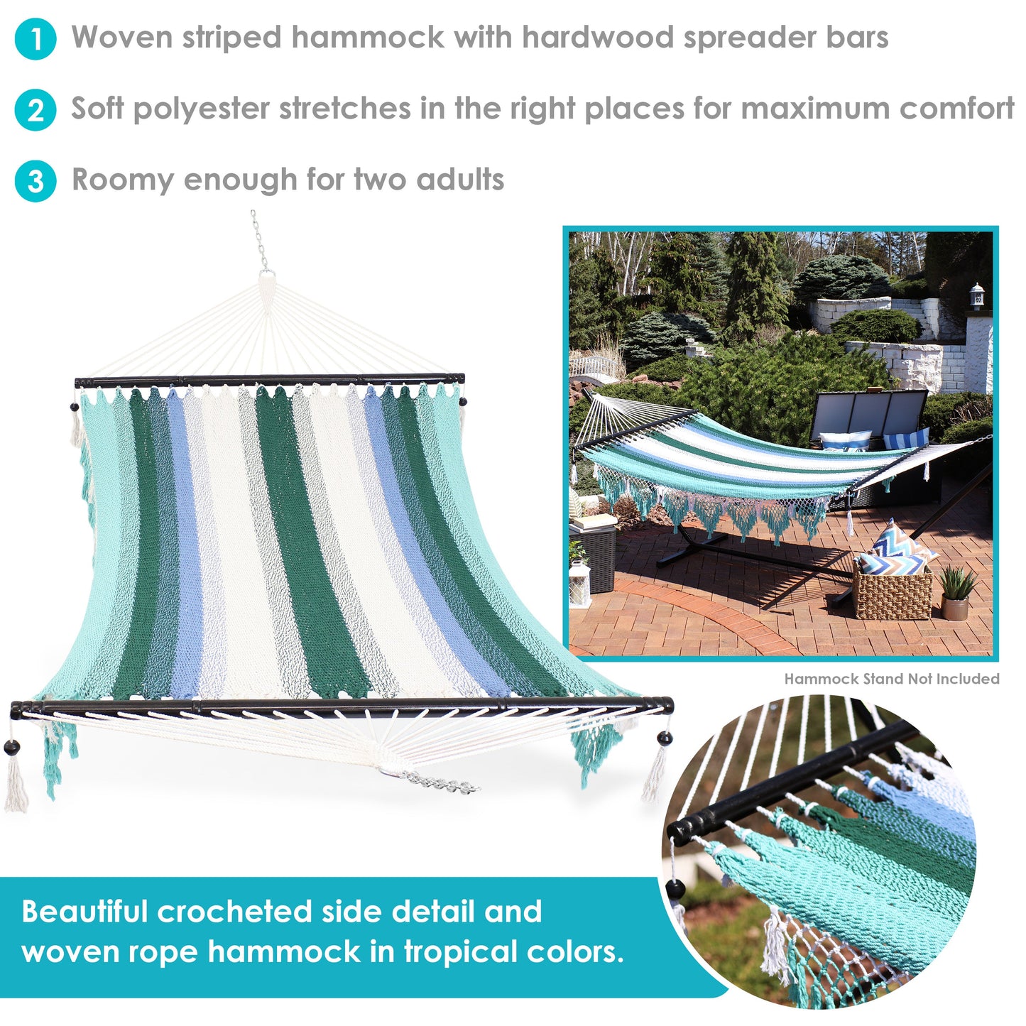 Woven Double Hammock with Spreader Bars | Crocheted Fringe Edges