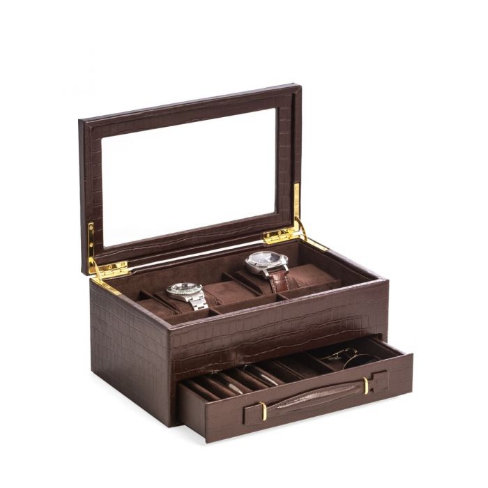 Bey-Berk 5-Watch Box | Drawer and Glass Top | Brown Croco Leather | BB547BRW