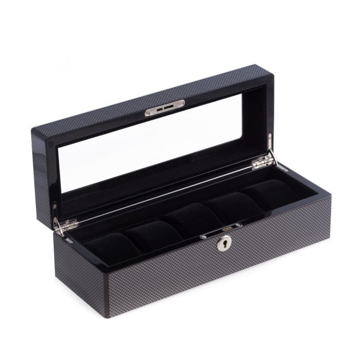 Bey-Berk 5-Watch Case | Glass Top | Carbon Fiber Steel Gray | BB657STL