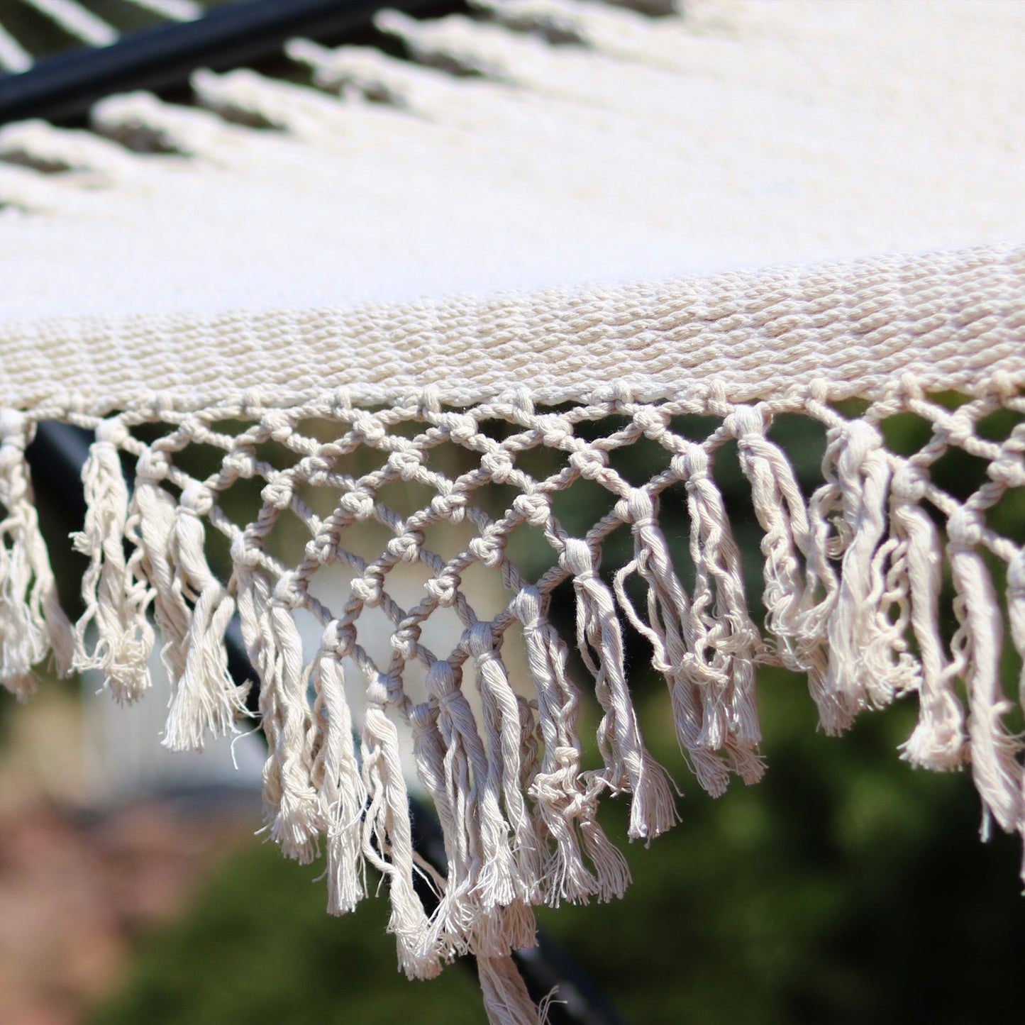 Woven Double Hammock with Spreader Bars | Crocheted Fringe Edges
