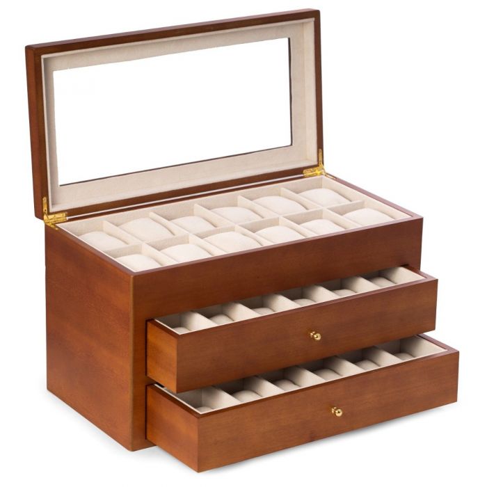 Bey-Berk 36-Watch Box | Glass Top & Drawers | Cherry Wood | BB686BRW