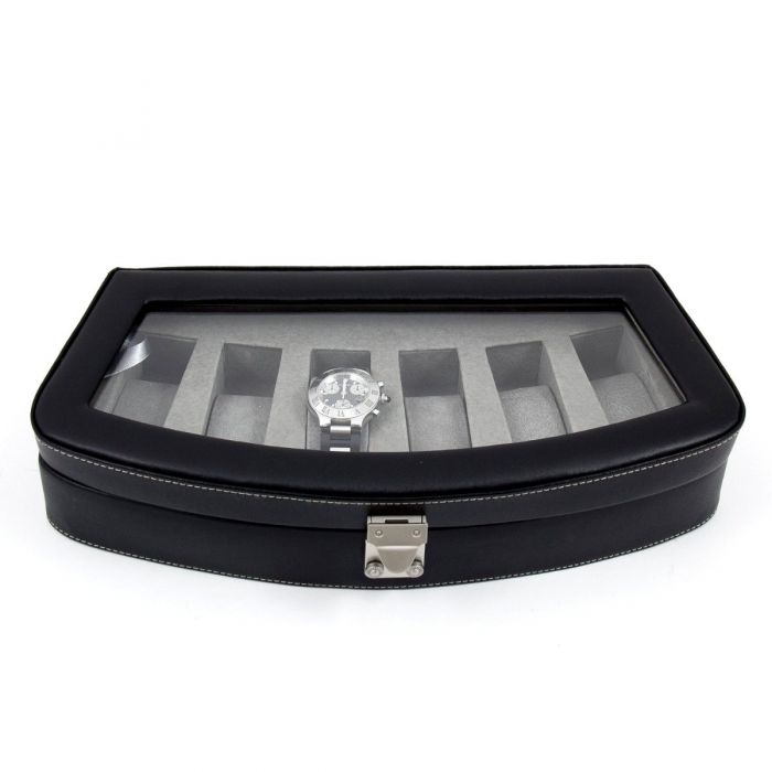 Bey-Berk 6 Watch Case | Glass Top | Black Leather | BB520BLK
