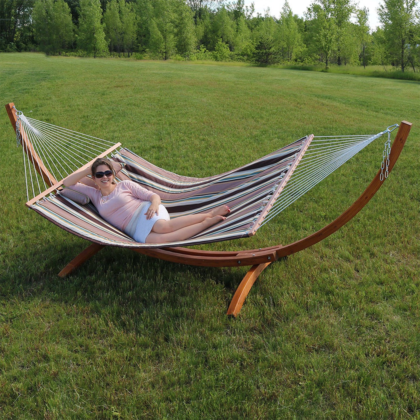 Quilted Fabric 2-Person Hammock | Curved Arc Wood Stand | 400 Pound Capacity