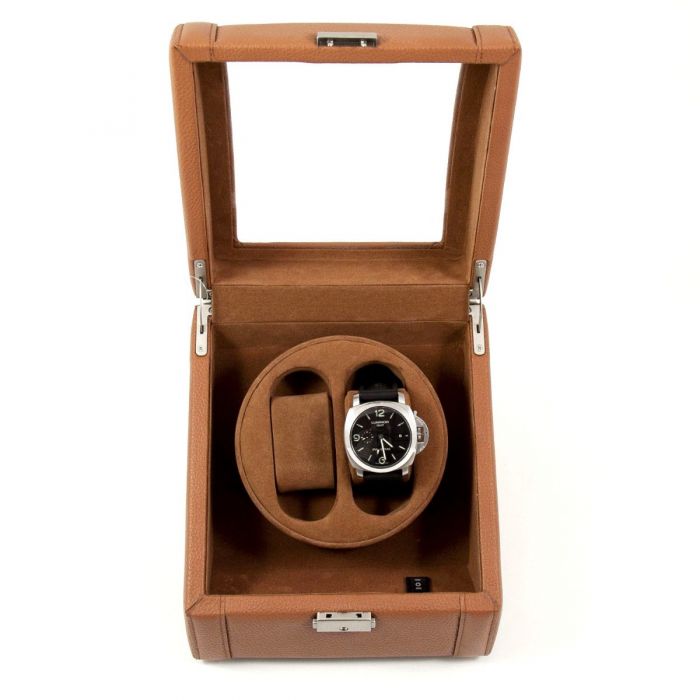 Bey-Berk 2-Watch Winder | Glass Top | Tan Leather | BB585TAN