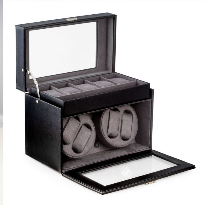 Bey-Berk "Viceroy" 4-Watch Winder & 5-Watch Storage Case | Glass Top | Black Leather | BB605BLK