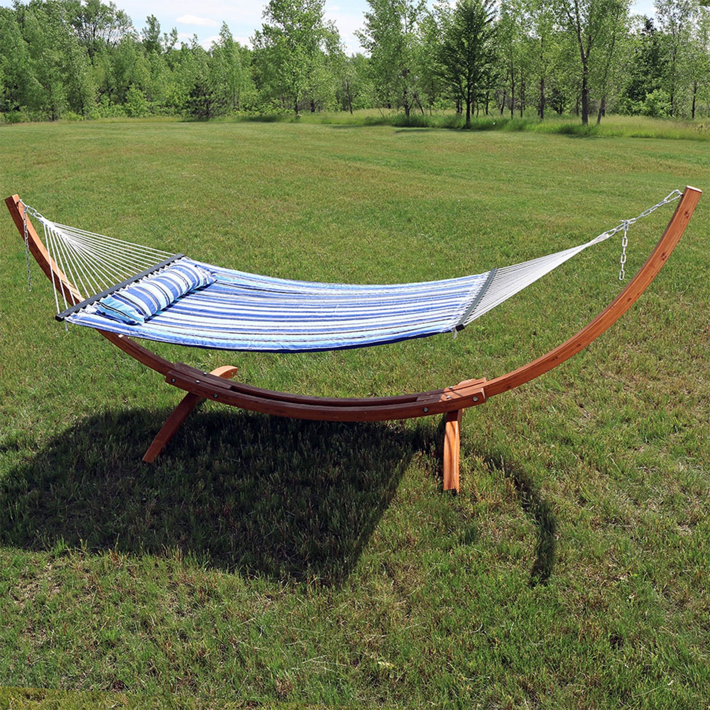 Quilted Fabric 2-Person Hammock | Curved Arc Wood Stand | 400 Pound Capacity