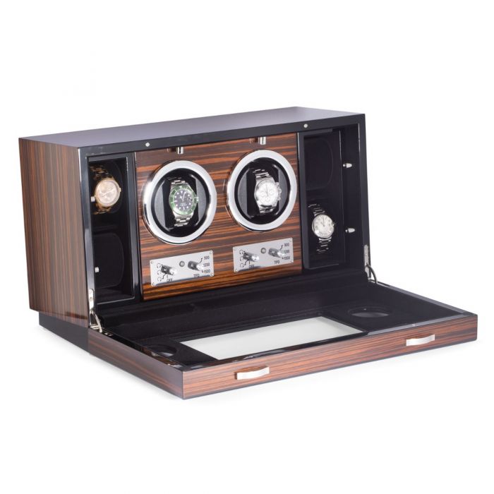 Bey-Berk 2-Watch Winder and 4 Watch Storage Case | Glass Face | Ebony Burlwood | BB650EBN