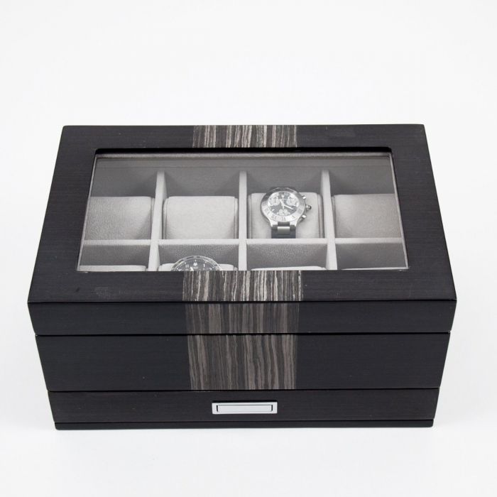 Bey-Berk “Braxton” 8-Watch Box | Glass Top and Drawer | BB634GRY