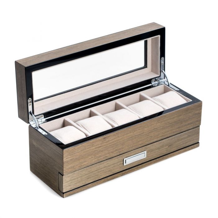 Bey-Berk 5-Watch Box | Glass Top | Compartment Accessory Drawer | Silver Walnut Wood | BB647GRY